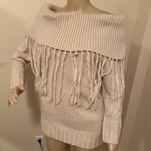 BCBGMaxAzria Cream Fringe Turtleneck Sweater